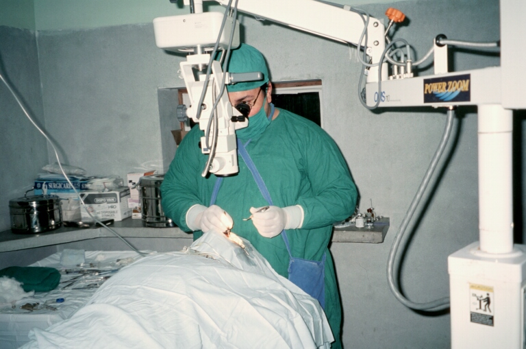 One of the Rotary trained eye surgeons undertakes an operation to recover the sight of an avoidably blind patient.